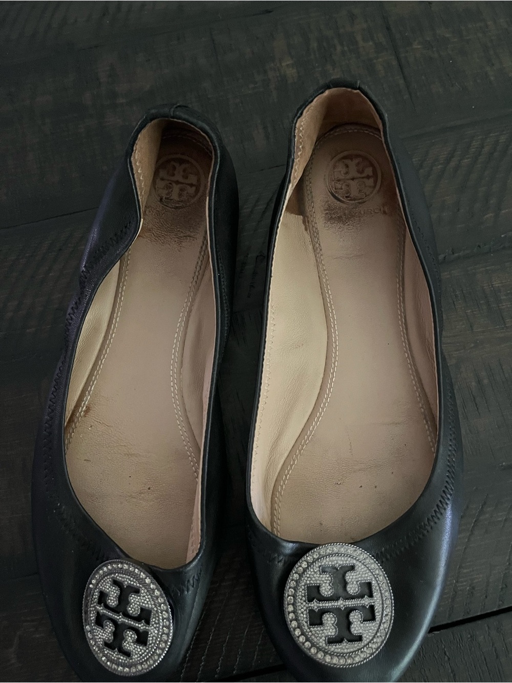 Tory Burch Black Leather Ballet Flats with Crystal Logo Medallion